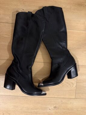 Dolce Vita Black Over-the-Knee Leather Boots with Silver Toe Caps